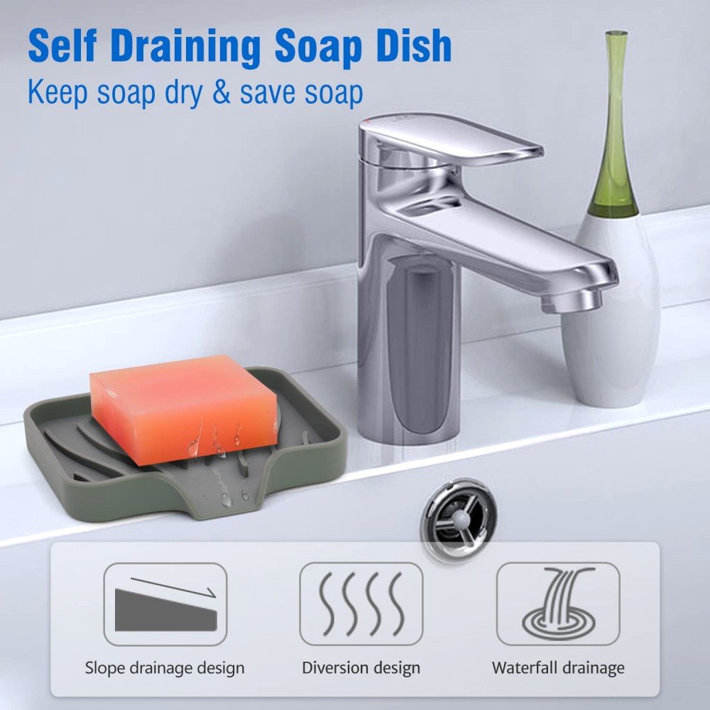 Silicone Soap Dish & Tray - Self Draining, Durable Rubber with Drainage - Kitchen & Shower Soap Holder